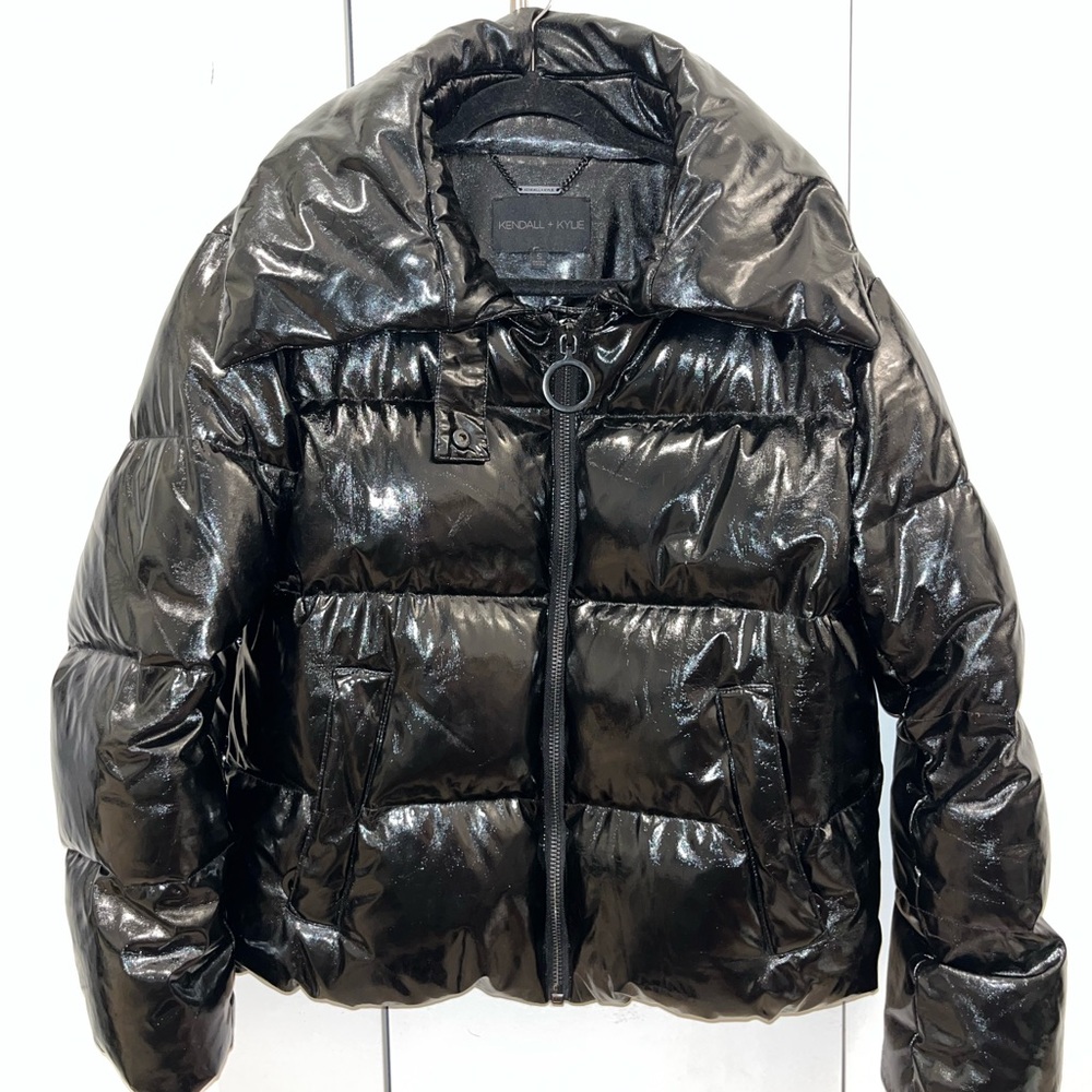 Kendall & Kylie Black Glossy Puffer Coat